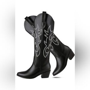 Cowgirl Boots Black - Embroidered w/ White - 9 - Knee High - Chunky Heel Western